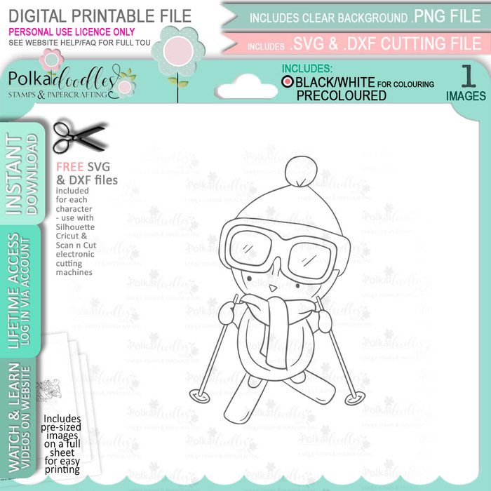 Ski Theo Penguin digital stamp - printable clipart for cardmaking, craft, scrapbooking & stickers